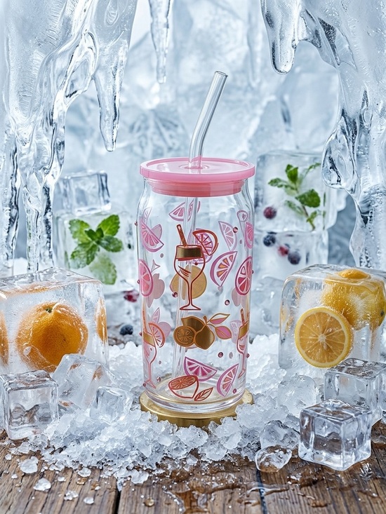 Other - Pink Citrus Glass Tumbler with Straw